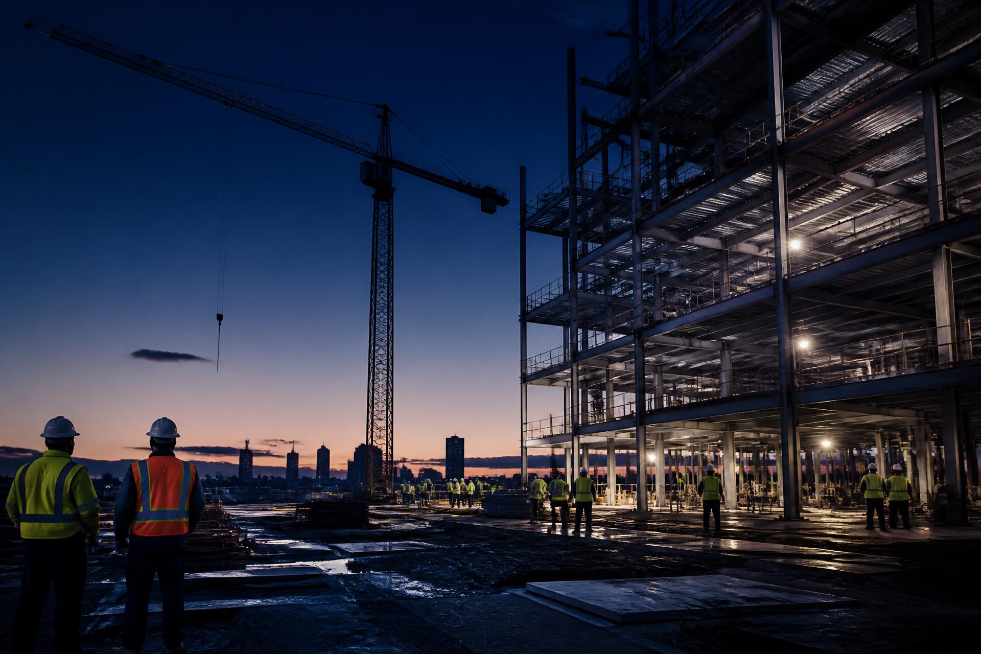 Construction crew on a steel-frame commercial jobsite at dusk